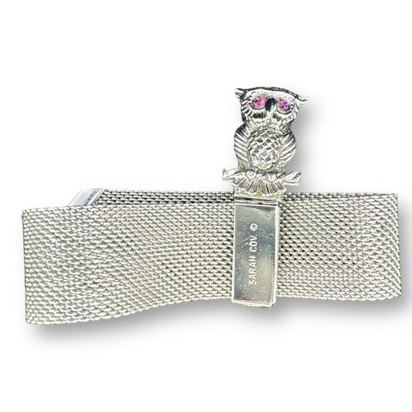 Vintage SARAH COVENTRY Owl Rhinestone Silver Tone Mesh  Slide Bracelet - Picture 4 of 10